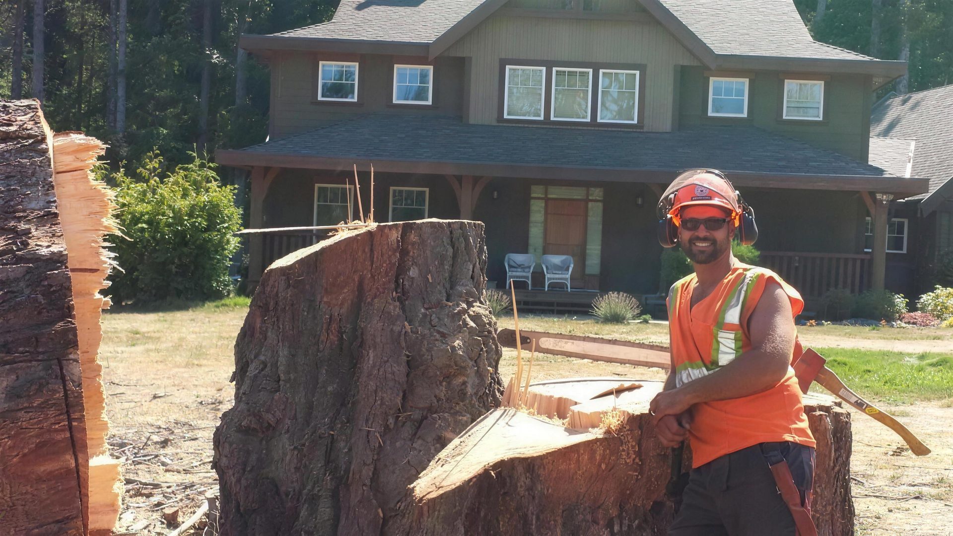 Ian Elshaw beside a freshly felled fir stump