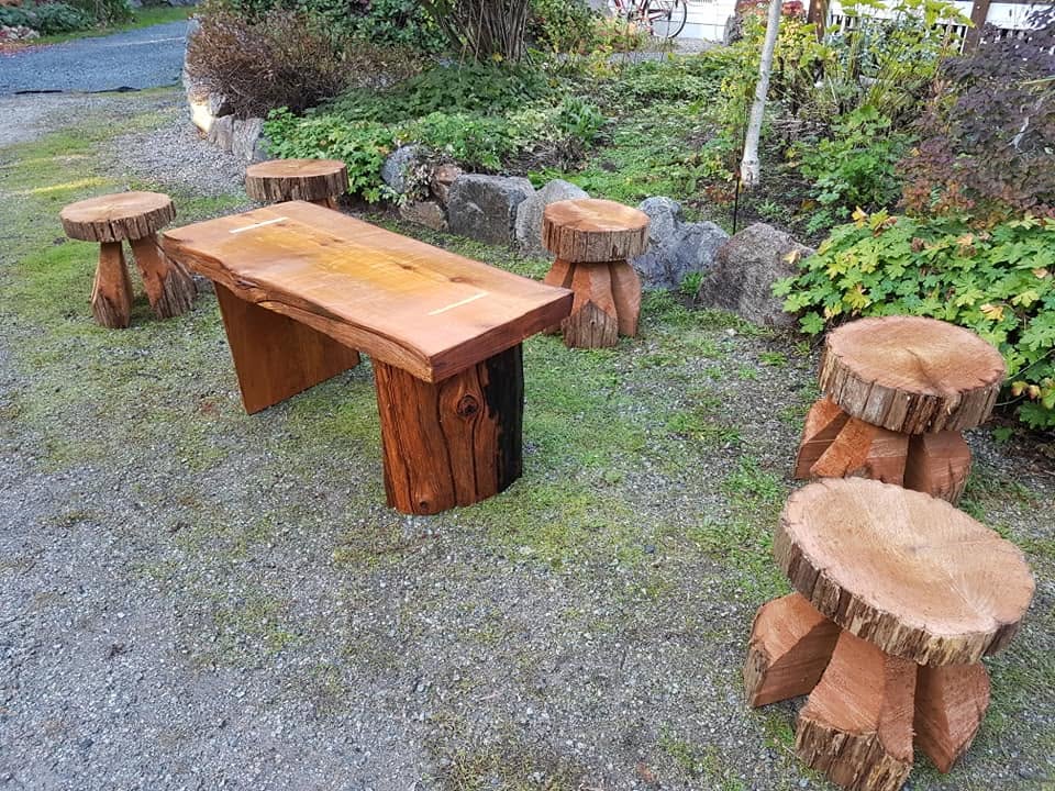 Live-edge slab table with stump stools
