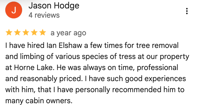 I have hired Ian Elshaw a few times for tree removal and limbing of various species of tress at our property at Horne Lake. He was always on time, professional and reasonably priced. I have such good experiences with him, that I have personally recommended him to many cabin owners.